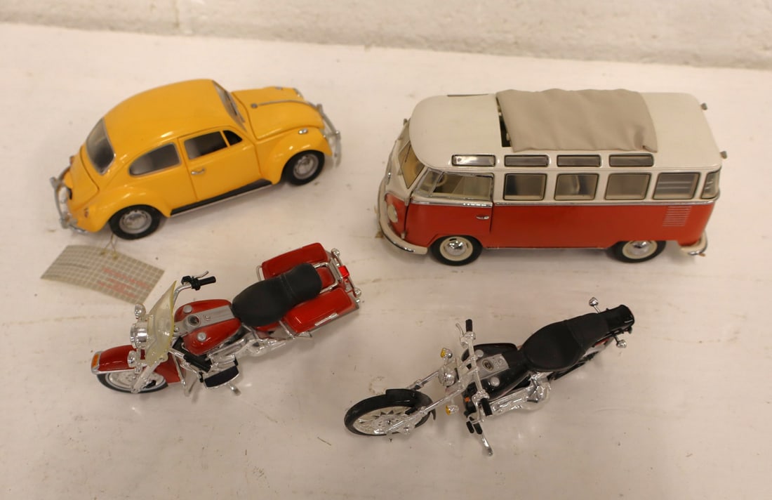 4 vintage die cast Harley Davis, VW Bus, VW Bug (1 of 2)