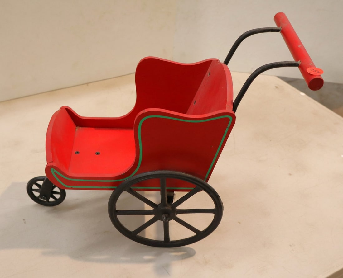 Vintage country doll 3 wheel carriage, in wood with cast iron wheels (1 of 3)