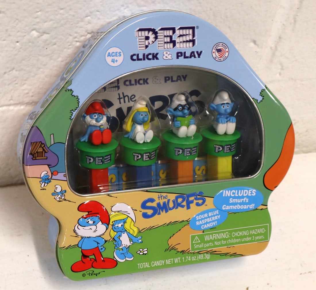 2 Vintage limited edition PEZ The Smurfs in factory sealed tin box (1 of 3)