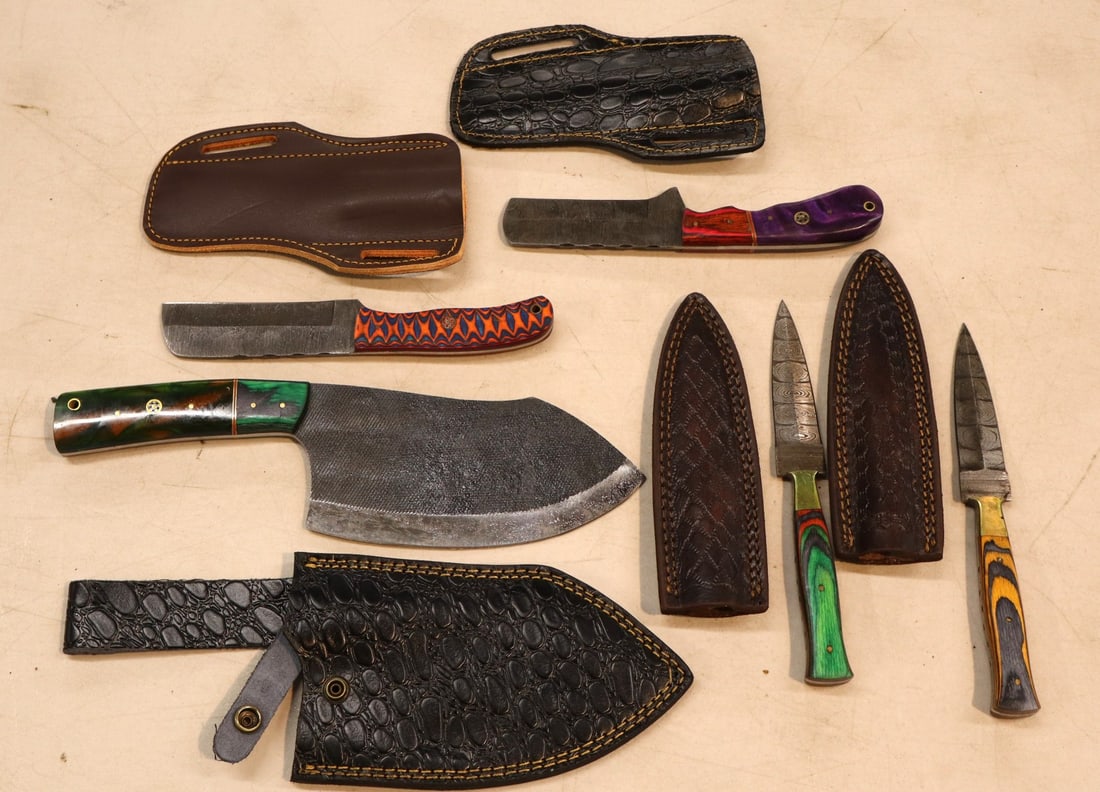 5 custom knives including daggers and cleaver with Damascus blades in leather sleeves with belt (1 of 2)