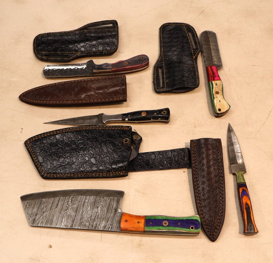 5 custom knives including daggers and cleaver with Damascus blades in leather sleeves with belt: 5 custom knives including daggers and cleaver with Damascus blades in leather sleeves with belt loops
