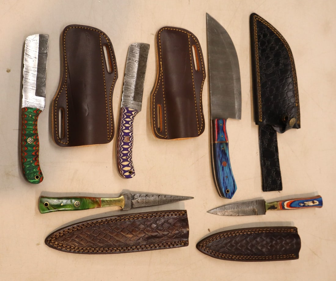 5 custom knives including daggers and cleaver with Damascus blades in leather sleeves with belt (1 of 2)