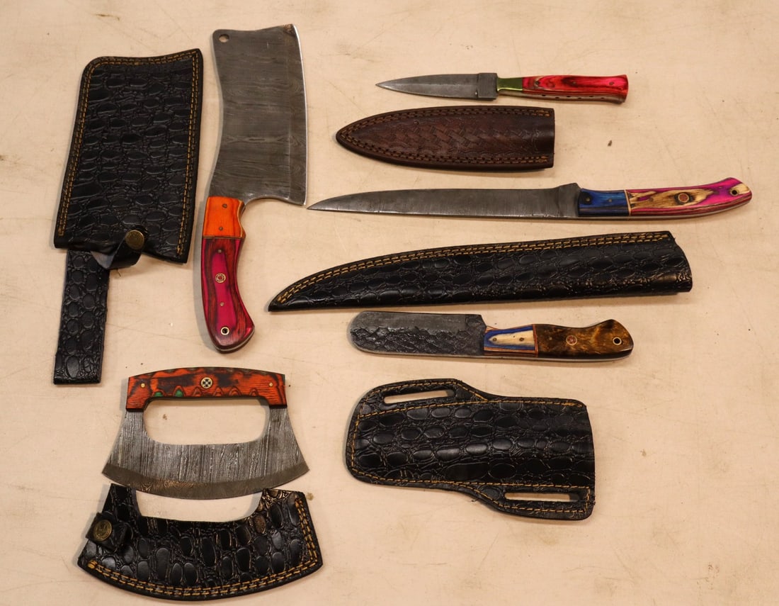 5 custom knives including chopper and cleaver with Damascus blades in leather sleeves with belt (1 of 2)