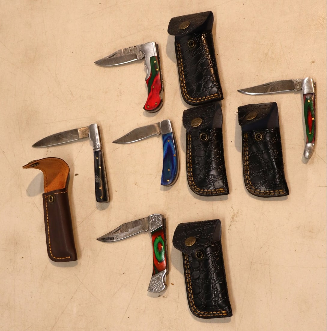 5 custom folding knives with leather with Damascus blades sheaths with belt loops (1 of 2)