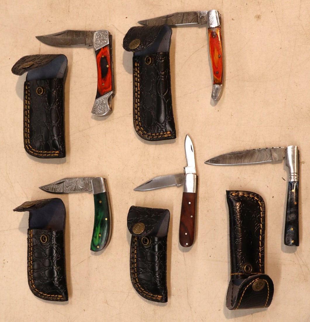 5 custom folding knives with Damascus blades with leather sheaths with belt loops (1 of 2)