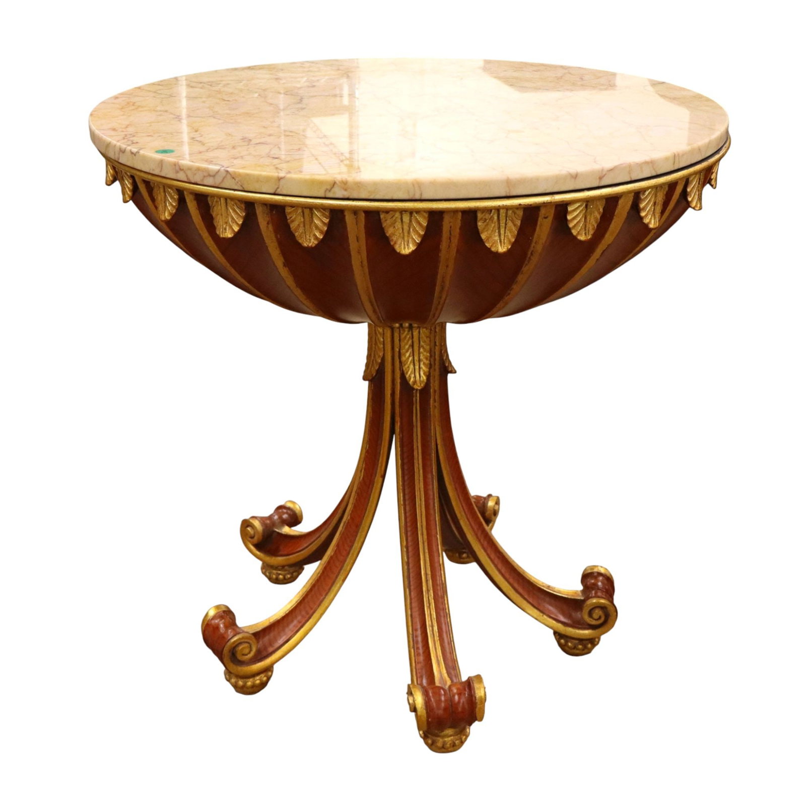 Fancy Maitland Smith 28" marble top center table: Fancy Maitland Smith 28" round marble top center table, tiger cherry finish with gold gilt accents, marble is good, original finish, structurally sound and in good condition with no noticeable issues.