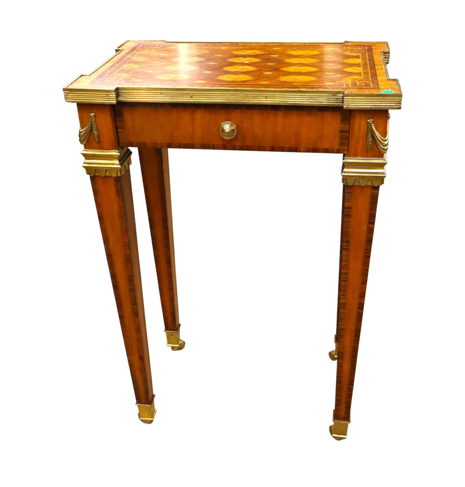 Maitland Smith French style table w/bronze accents: Maitland Smith one drawer French style table with bronze accents has inlaid top with rosewood trim in exotic woods, original finish, structurally sound and in good condition with no noticeable issues.