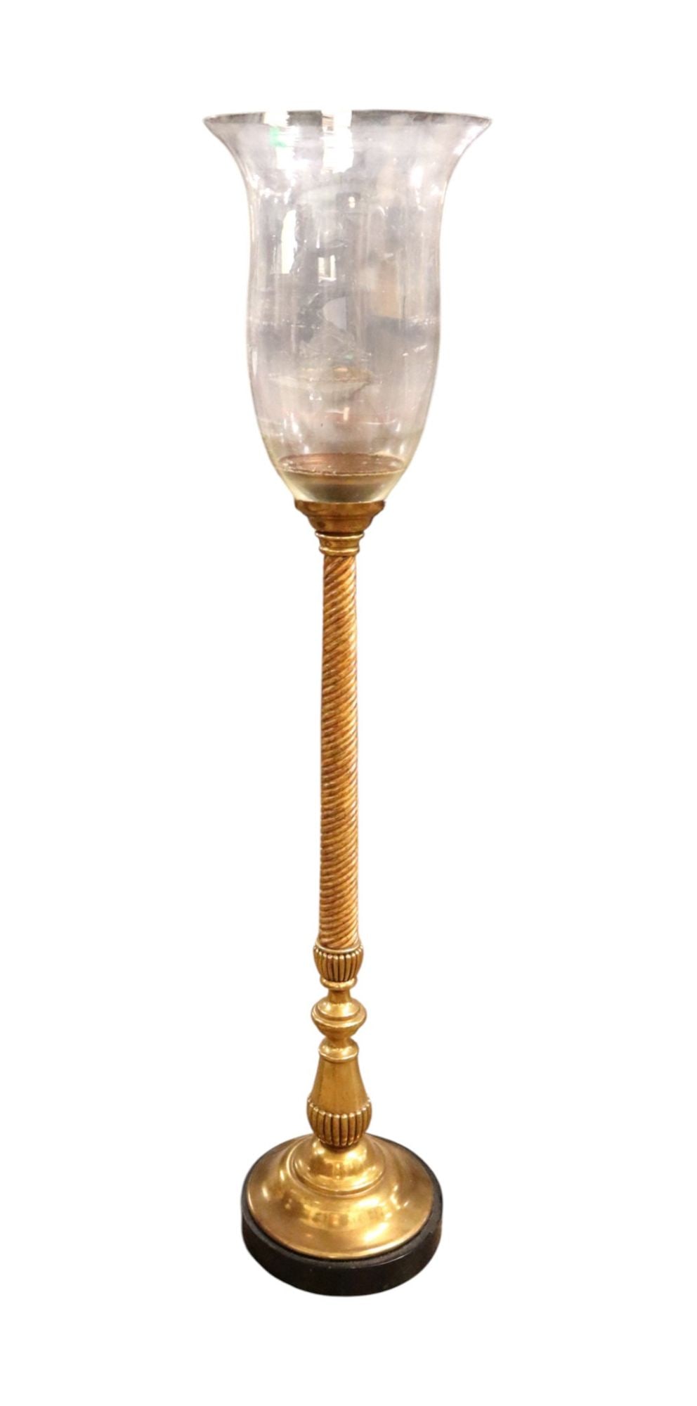 Maitland Smith floor globed candle stand: Maitland Smith floor globed candle stand in the brass with wood turned post and clear glass globe (unmarked), structurally sound and in good condition with no noticeable issues. 45"h x 9.5" diameter