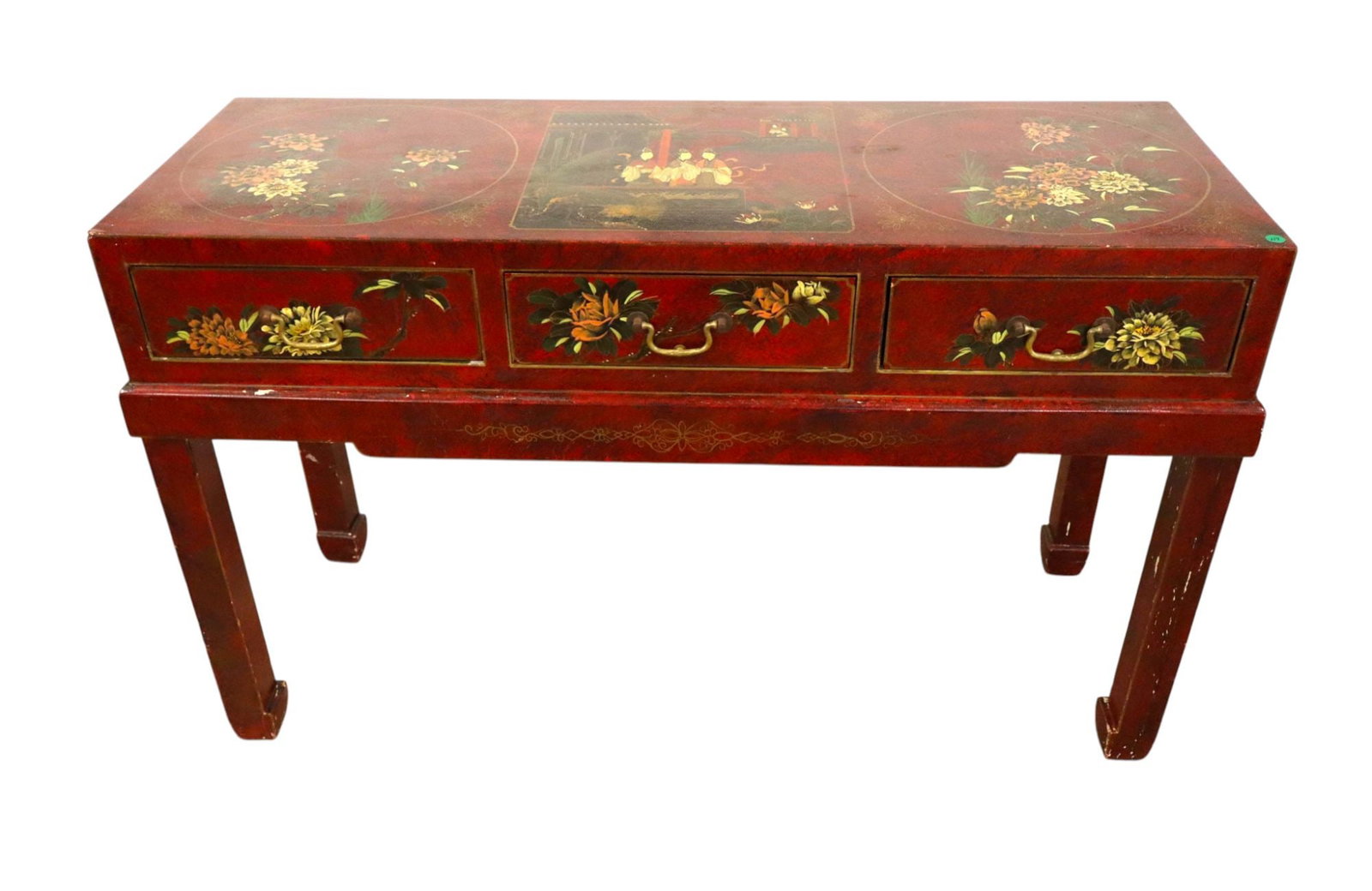 Asian inspired red console manner Maitland Smith: Asian inspired 3 drawer console in the red finish, decorated with flowers and ladies in the manner of Maitland Smith, original finish, structurally sound and in good condition with slight wear. 31"h x