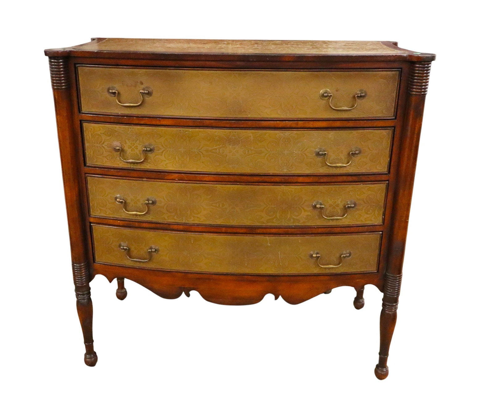 VTG John Richards all tooled bronze chest: Vintage John Richards all tooled bronze bow front Sheraton style 4 drawer chest, distressed mahogany, original finish, structurally sound and in good condition with some wear. 41.5"h x 42"w x 20.5"d