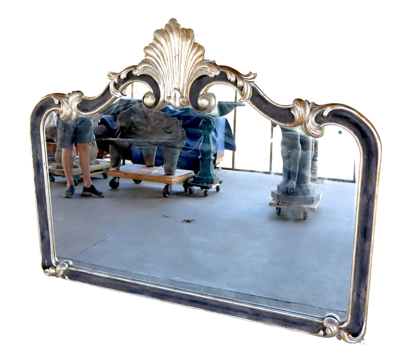 Large John Richards FR shell hanging mirror: Large John Richards French style shell carved decorator hanging mirror in a distressed poly chrome finish solid wood frame, structurally sound. 63"h x 77"w x 4" thick