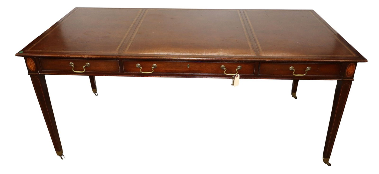 Vintage Kittinger 3 drawer leather top desk: Vintage Kittinger Furniture 3 drawer leather top desk in the mahogany with inlaid accents, original finish, structurally sound and in good condition for age with some slight wear on top. 30"h x 72"w