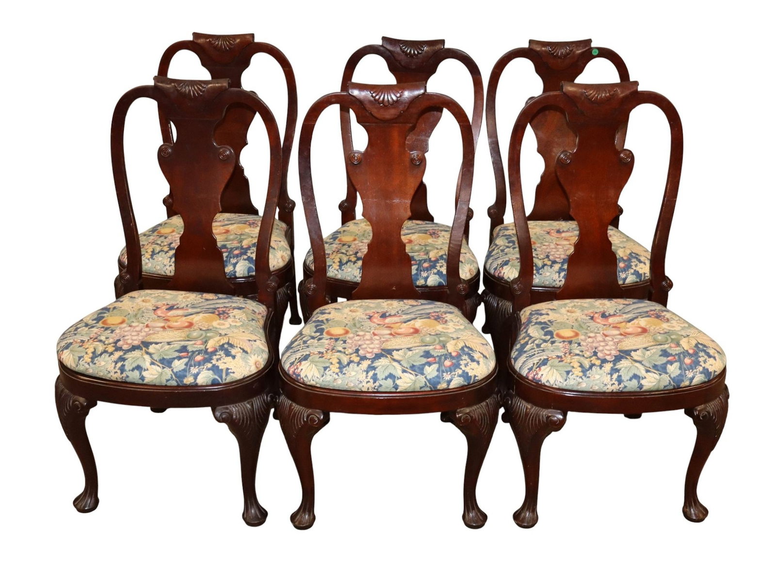 Set 6 Baker Charlston Coll. QA dining chairs: Set of 6 Baker Furniture Charlston Collection solid mahogany queen anne dining chairs, original finish, all side chairs, good condition for age. 40"h x 22"w x 19"d, seat height 19