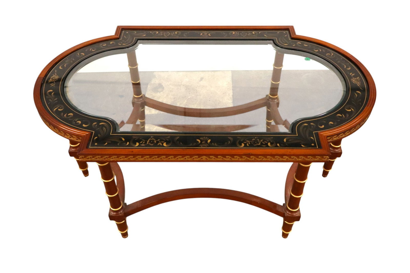 John Widdicomb bevel stenciled octagon table: John Widdicomb Furniture beveled glass top 6 leg octagon stenciled table, glass is good, original finish, structurally sound and in good condition. 19"h x 40.75"w x 24.5"d