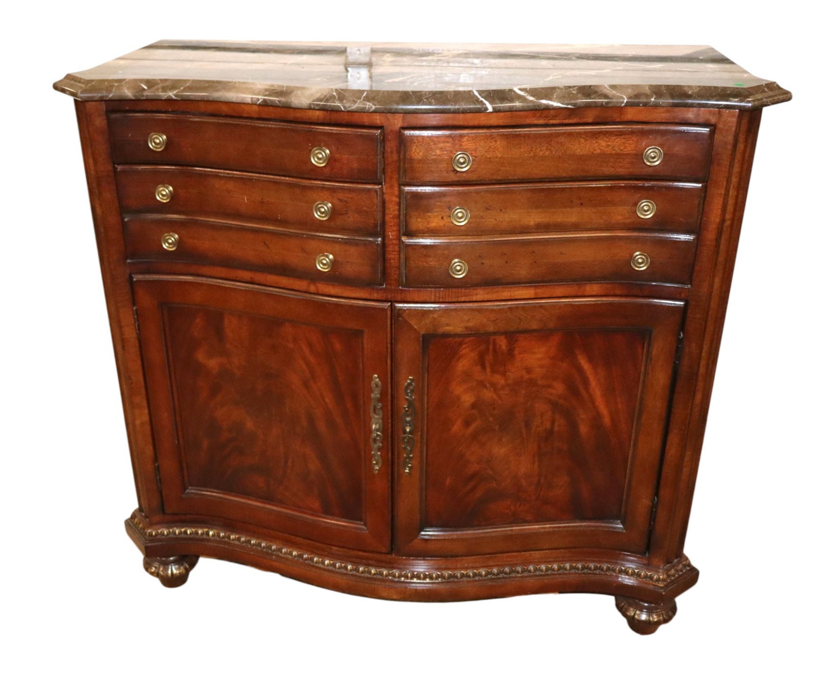 Century Furniture serpentine MT buffet: Century Furniture 4 drawer 2 door serpentine marble top buffet in the burl mahogany original finish, structurally sound and in good condition. 41.5"h x 48.5"w x 22"d