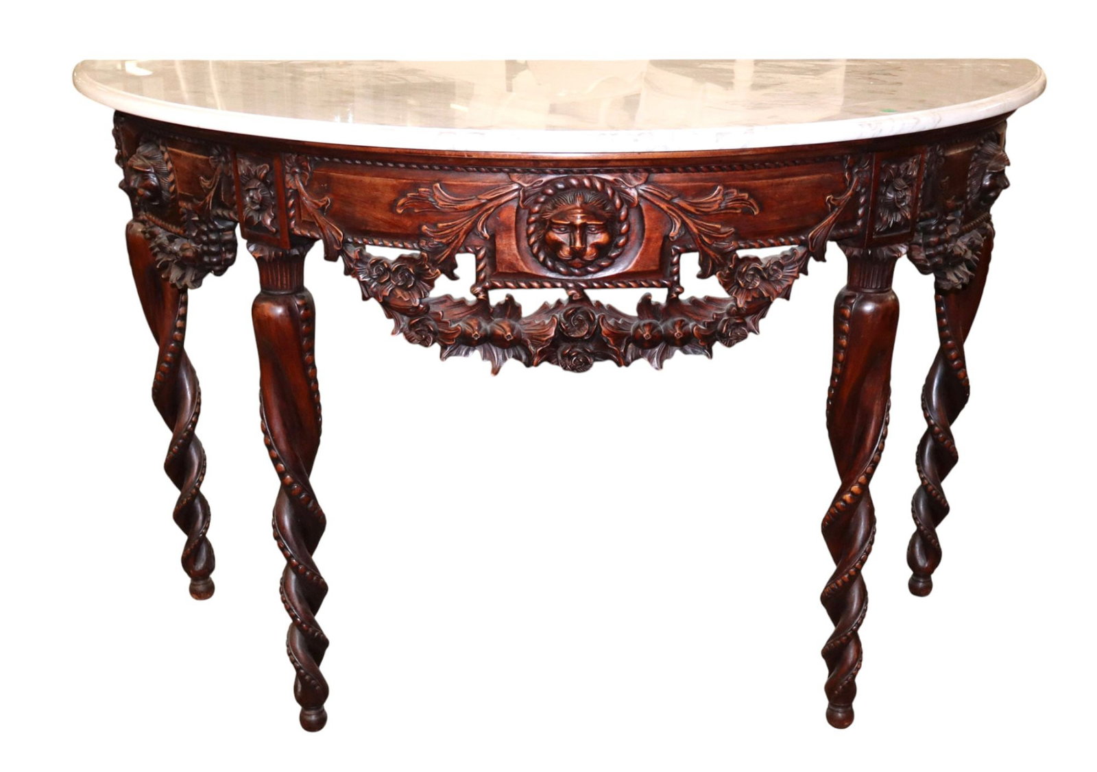 MT carved & ornate antique style demilune console: Highly carved and ornate antique style marble top demilune console in the solid mahogany, original finish, structurally sound and in good condition and marble is good. 32.5"h x 53.5"w x 23"d
