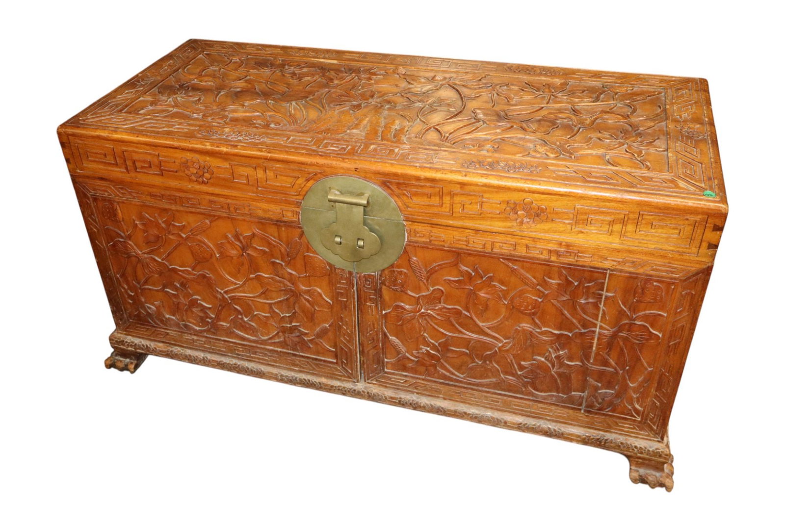 Vtg highly carved Asian solid teak storage chest - unusual: Vintage highly carved Asian solid teak dovetailed storage chest with fitted 3 drawer interior and lift out tray, very unusual, original finish, structurally sound and in good condition with age. 26"h 