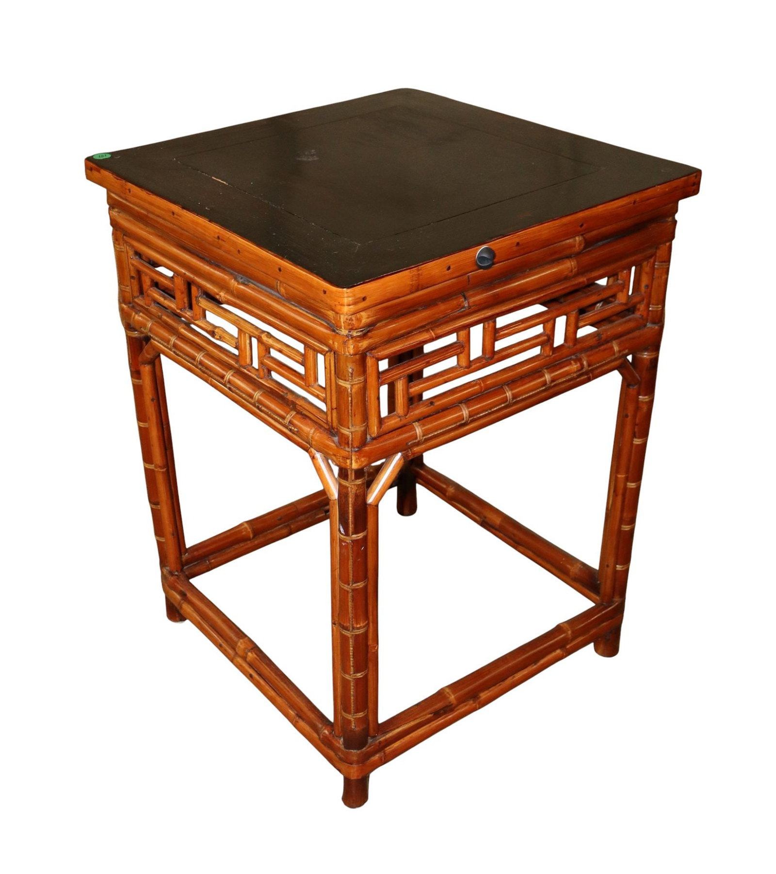 Quality Asian square faux bamboo accent table: Faux bamboo Asian square accent table, quality construction with natural finishes and black and red finish top, original finish, structurally sound and in good condition. 25"h x 18" x 18"