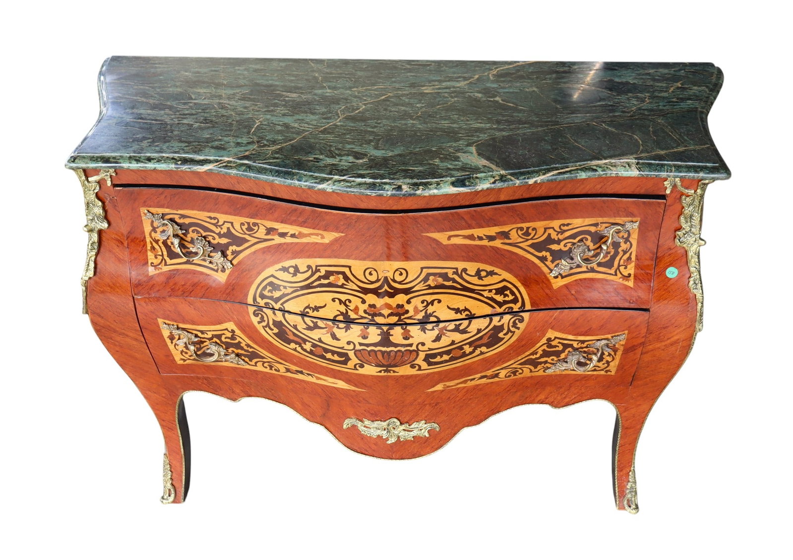 FR style MT bronze & inlaid decorative commode: French style marble top 2 drawer inlaid commode with decorative bronze accents, marble is good, original finish, structurally sound and in good condition with some cracking here and there see photos. 
