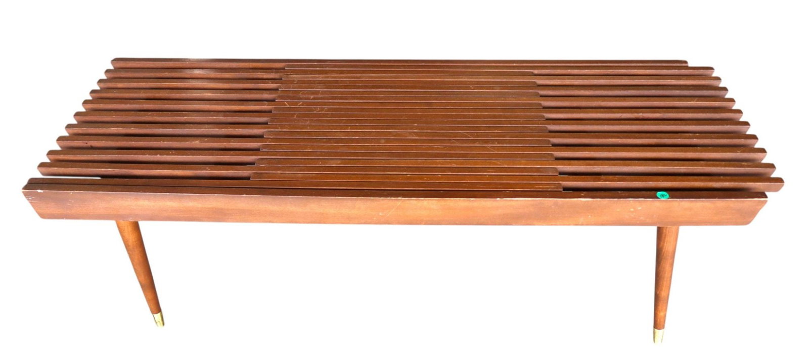 Mid Century Modern slatted expandable bench: Mid Century Modern slatted expandable bench in a walnut finish, structurally sound and original finish with wear. 16"h x 48"l x 18"d expands to 61.5"