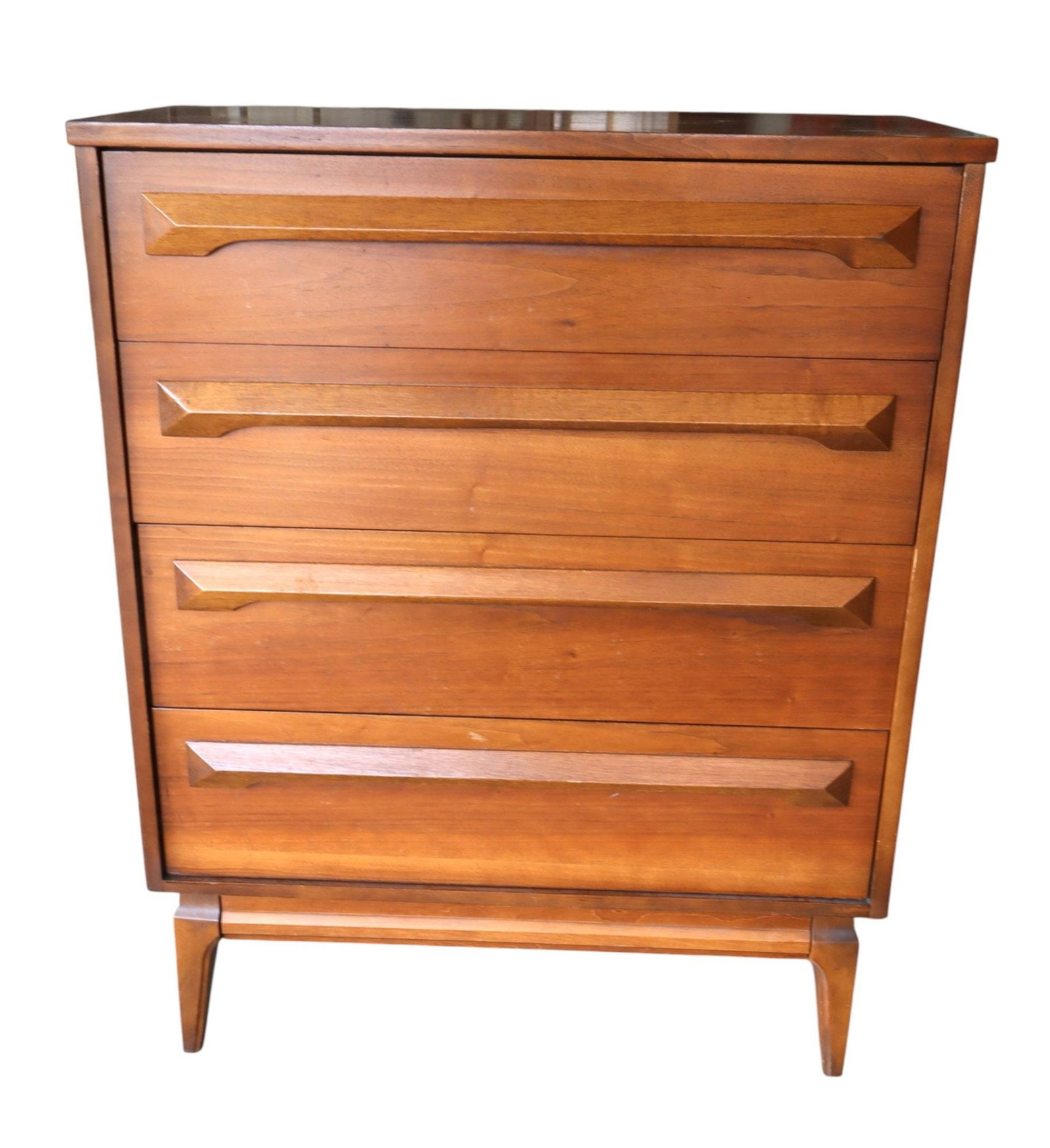 Mid Century Modern walnut 4 drawer high chest: Mid Century Modern walnut 4 drawer high chest, original finish, structurally sound and in good condition with slight wear on top. 45.5"h x 36"w x 18"d