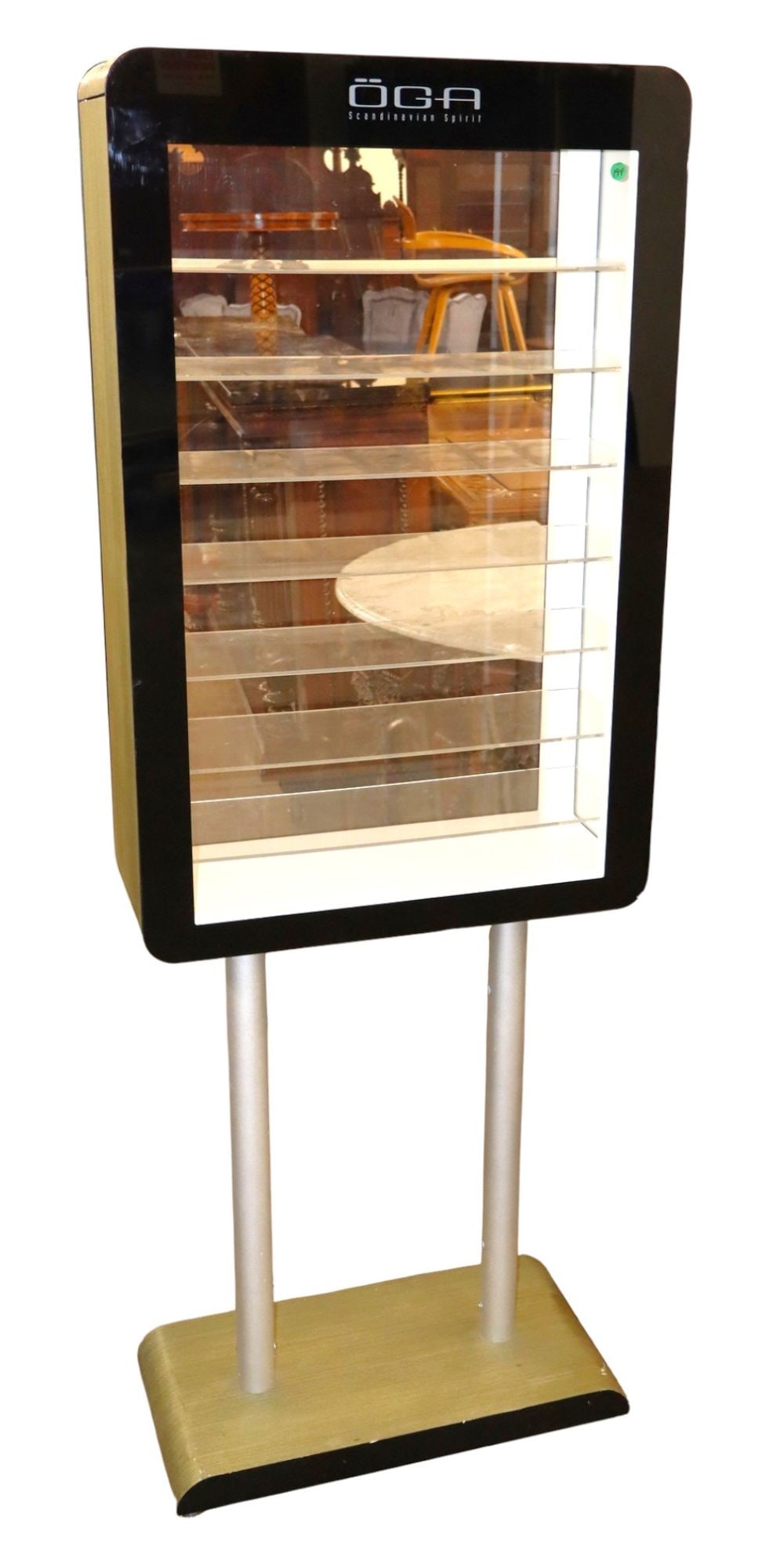 Vtg LAM & Lucite OGA Scandinavian display case: Vintage laminated and lucite OGA Scandinavian Spirit Display case, 1 piece, original finish, structurally sound and in good condition. 60.75"h x 25"w x 13"d