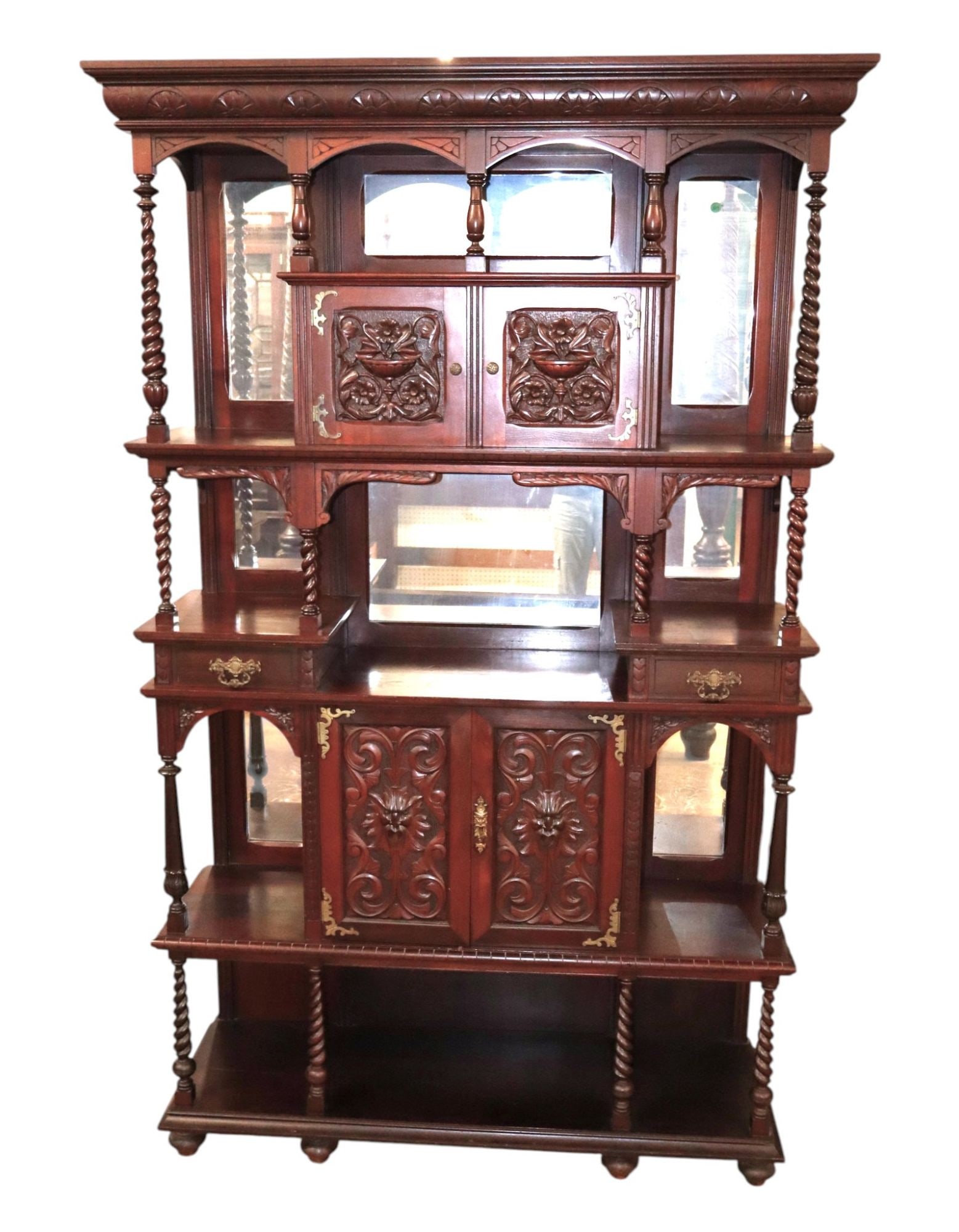 Antique mahogany etagere carved with Northwind faces (1 of 14)