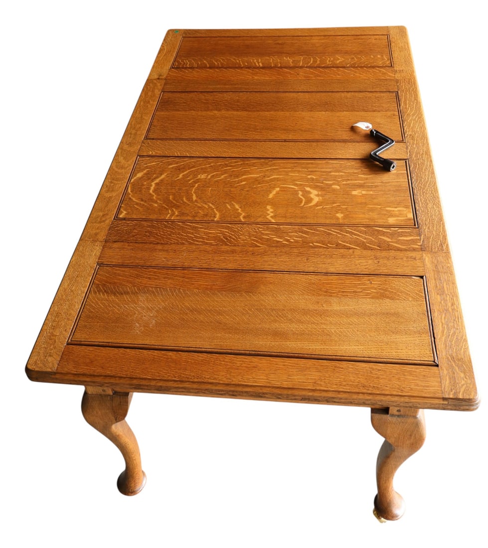 Rare ant. qtrswn oak crank double leaf dining table (1 of 9)