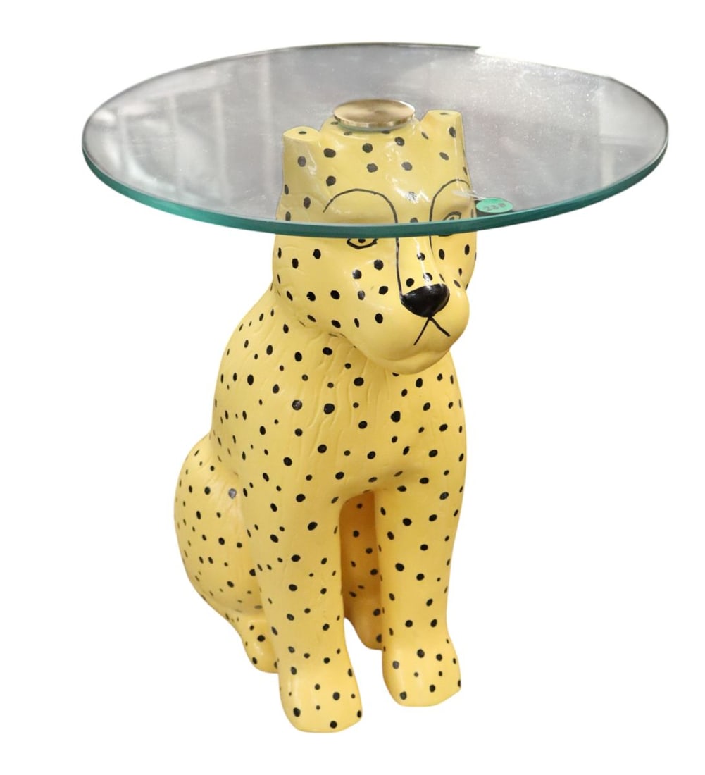 Petite cheetah base 14 inch round glass top table: Decorative petite cheetah base 14 inch round glass top table, glass is good, paint is good, structurally sound and in good condition. 18.25"h x 14" diameter