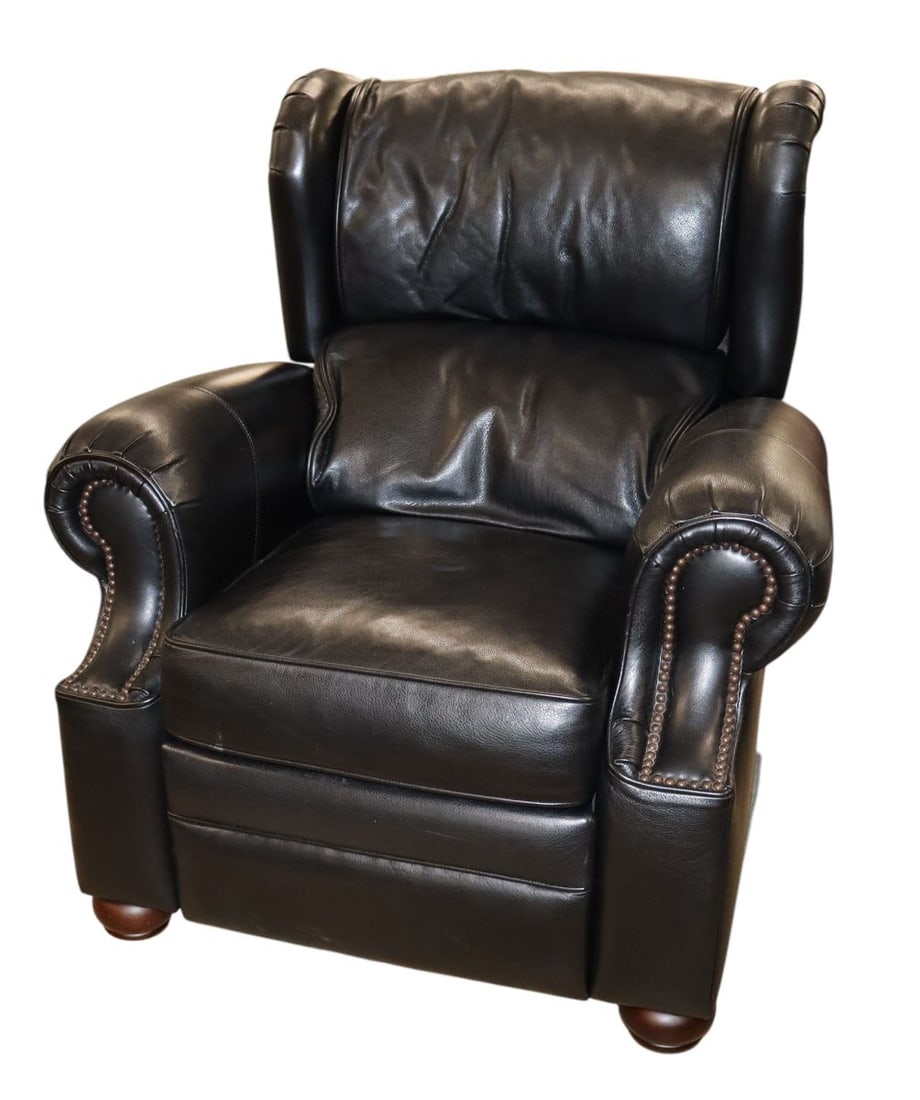 Nice Bernhardt Furniture black leather recliner: Nice Bernhardt Furniture black leather recliner, industrial tacking, structurally sound and in good condition with no rips tears. 39.5"h x 36"w x 36"d seat height 18"
