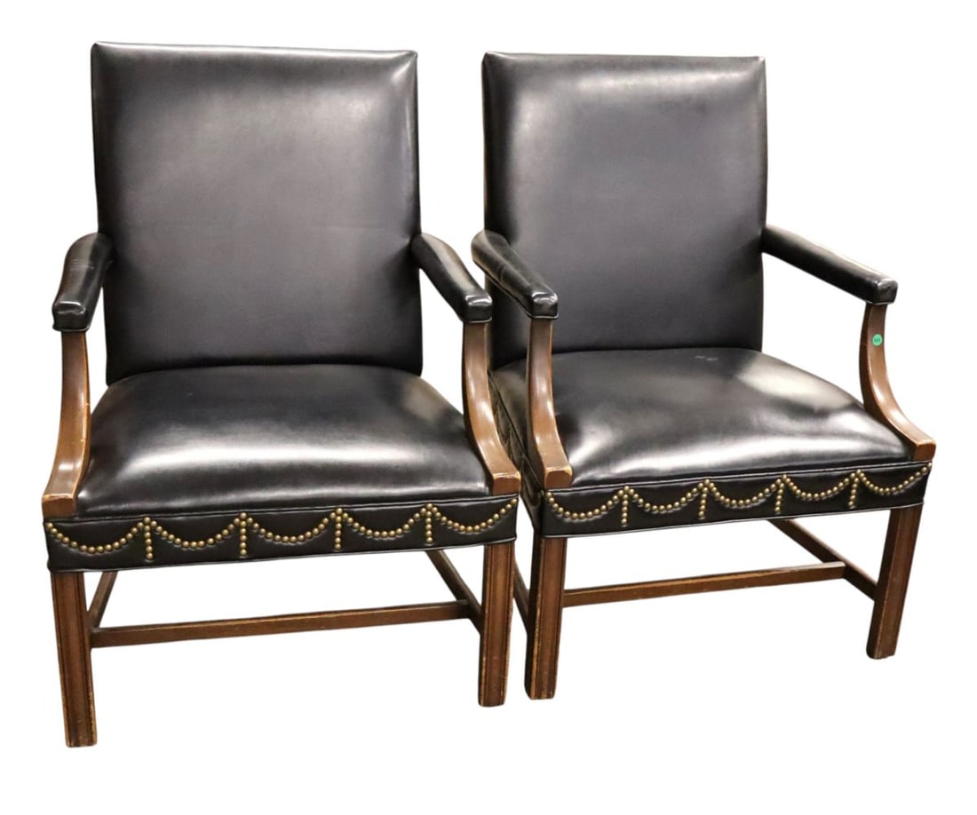 Hickory vtg pr black leather mah framed arm chairs (1 of 7)
