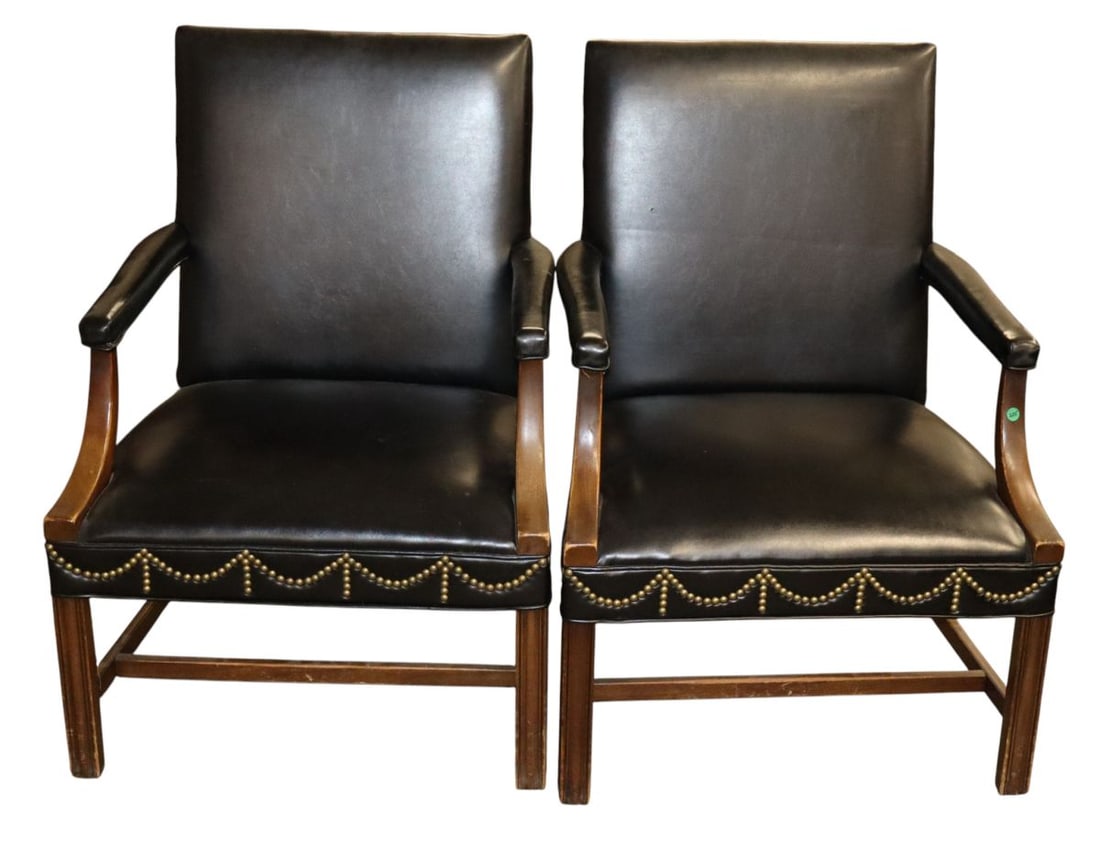 Hickory vtg pr black leather mah framed arm chairs (1 of 9)