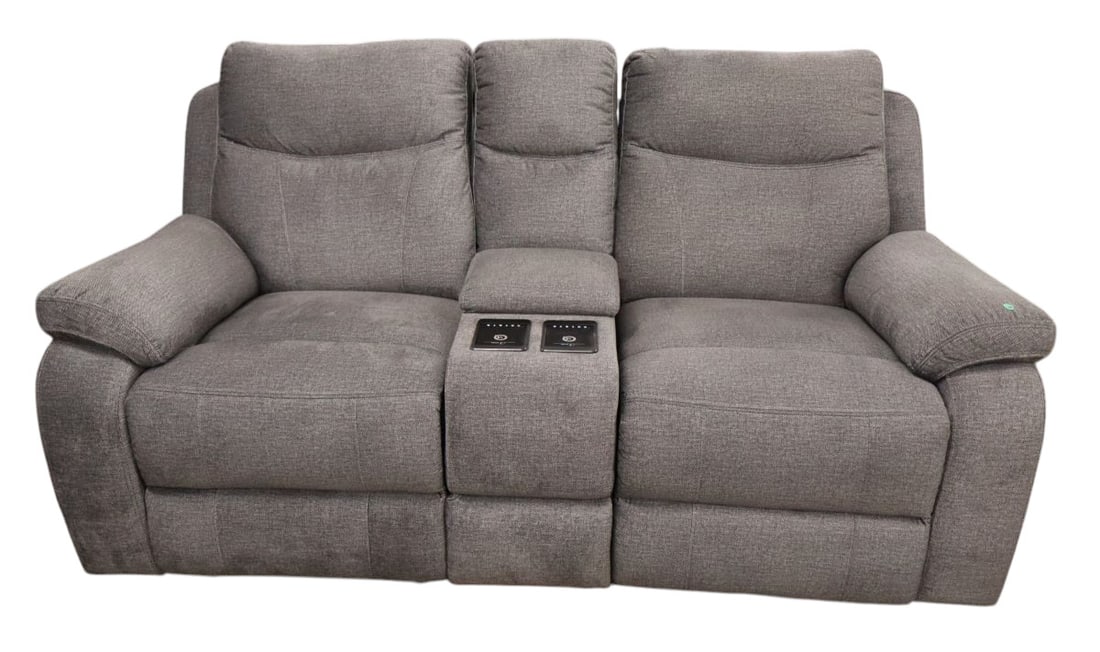 NEW double recliner power sofa: NEW double recliner power sofa, cup holders, storage unit drawer, surround sound, soft grey upholstery, charging ports, structurally sound and in good condition with no rips tears. Matches lot #239 an