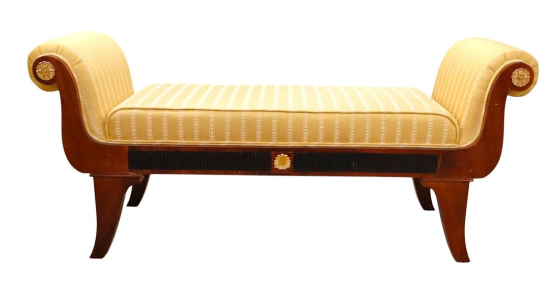 Beautiful Infinity double arm mahog. regency bench: Beautiful Infinity Furniture double arm mahogany regency bench, structurally sound and in good condition, original finish. 25.5"h x 57"w x 20"d seat height 19"
