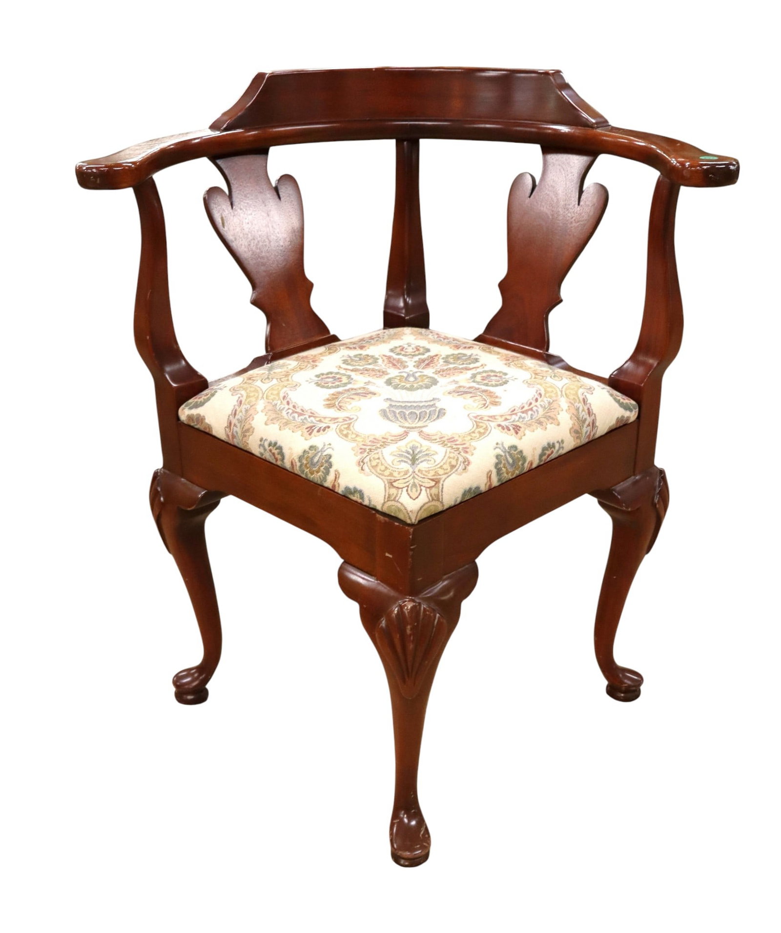 Statesville Furn QA upholstered corner chair: Statesville Furniture solid mahogany queen anne upholstered corner chair, shell carved accent, original finish, structurally sound and in good condition, upholstery looks good. 32"h x 28"w x 26"d seat