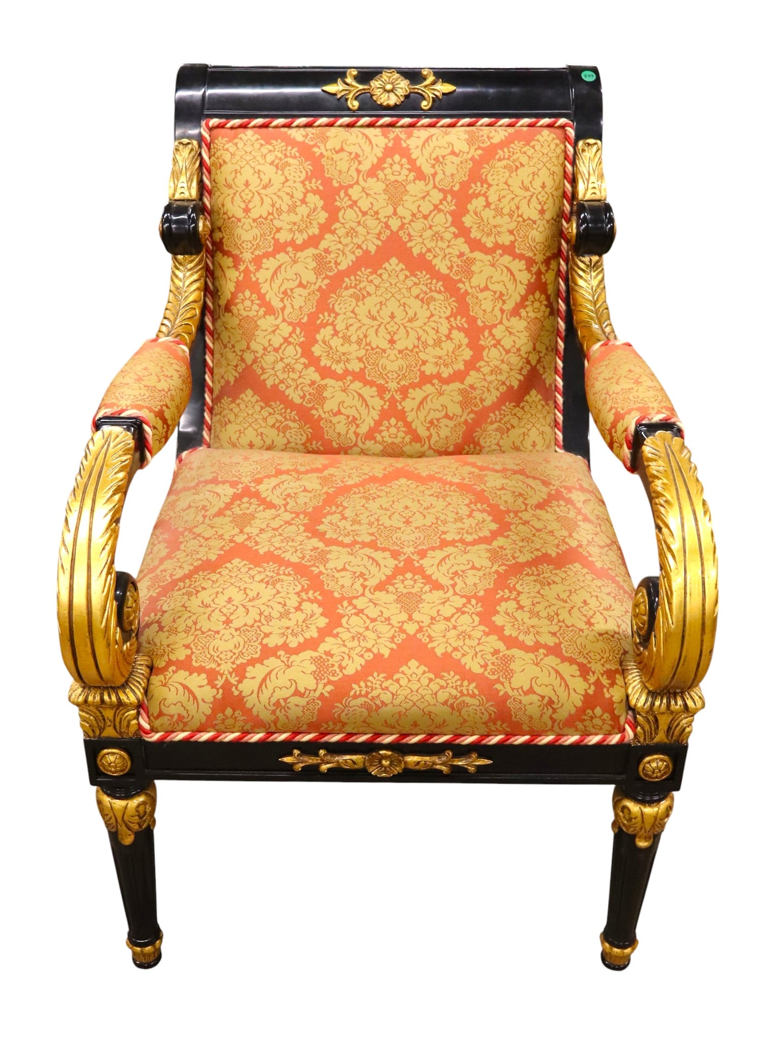 Fantastic PR Mariner 1893 scroll arm uphol. chairs: Fantastic Mariner 1893 Furniture scroll arm upholstered chairs, original gold and black finish, structurally sound and in good condition with no noticeable issues. 37"h x 26"w x 28"d seat height 19"