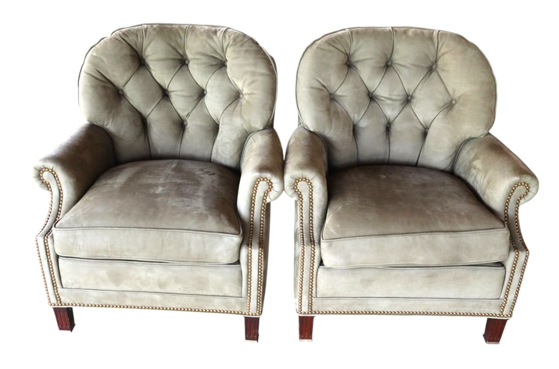 Pair Vtg Hancock & Moore suede leather club chairs: Pair of vintage Hancock and Moore button tuft suede leather club chairs, comfy, structurally sound with some scratch marks on the sides see photos. Ea. 34"h x 32"w x 30"d seat height of 19.5"