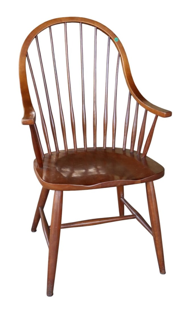 Ethan Allen solid cherry bent wood arm chair: Ethan Allen solid cherry bent wood arm chair with some wear on arms, original finish, structurally sound. 39.25"h x 24"w x 19.5"d seat height 18"