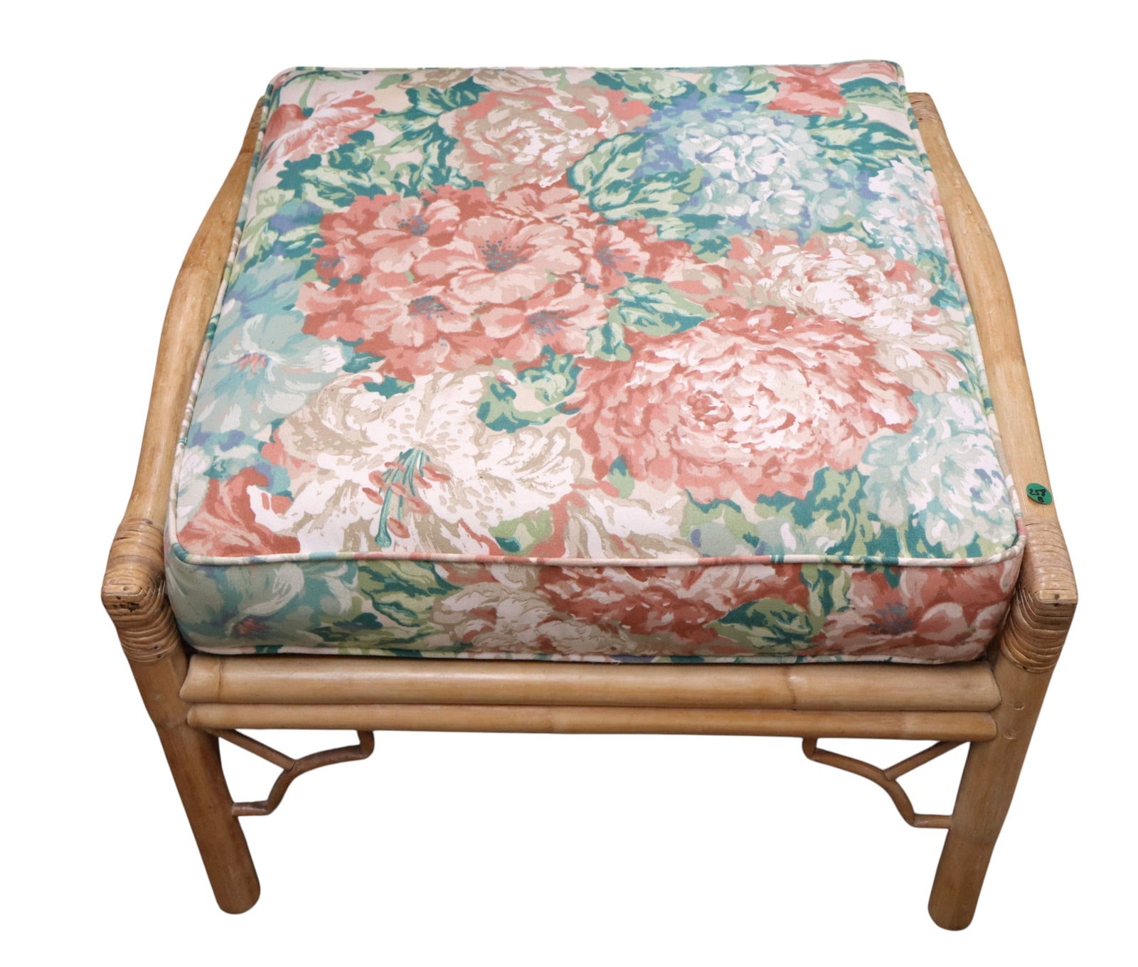 Vintage rattan & bamboo ottoman w/floral cushion (1 of 3)