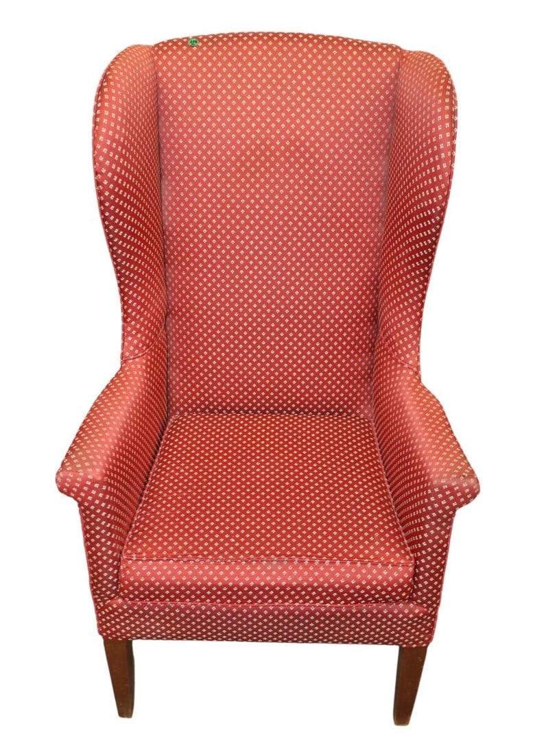 Country upholstered wing back chair: Country upholstered wing back chair in mahogany frame, structurally sound. 46"h x 27"w x 22"d seat height of 18"