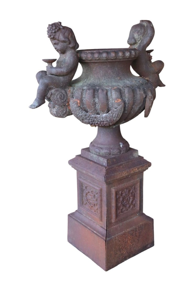 Antique CI 2 part figural on ornate garden urn (1 of 10)