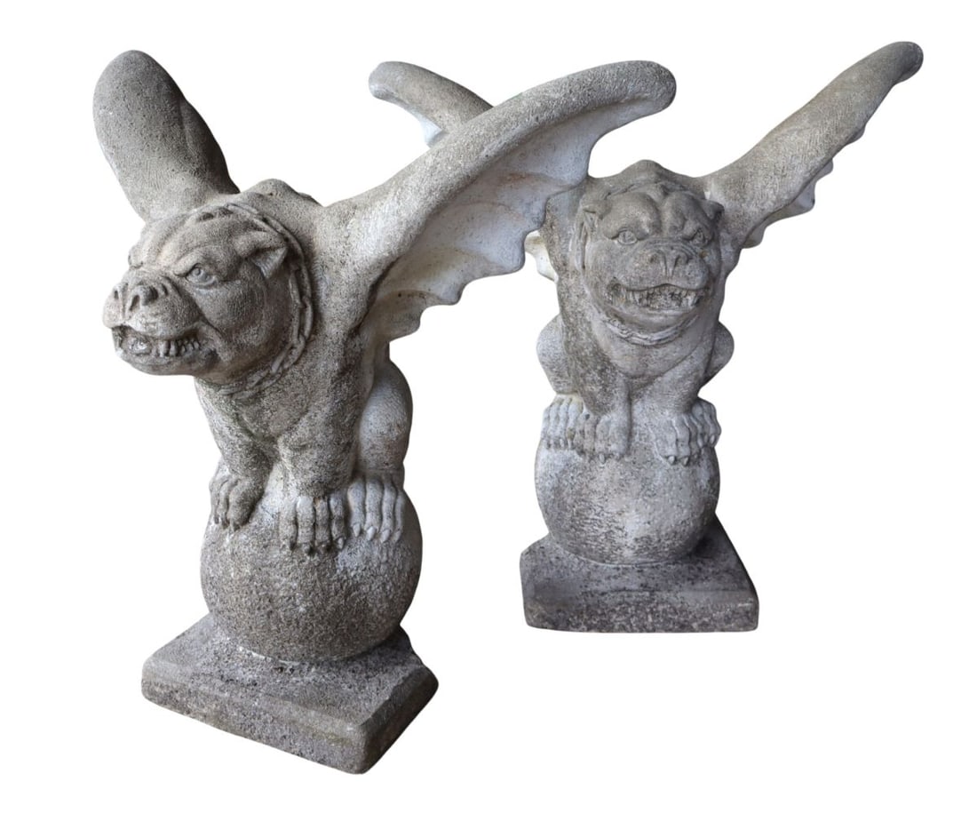 Vintage pair cast stone winged gargoyles: Vintage pair cast stone winged gargoyles weathered bases need repaired see photos. Ea. 26"h x 27"w x 16"d