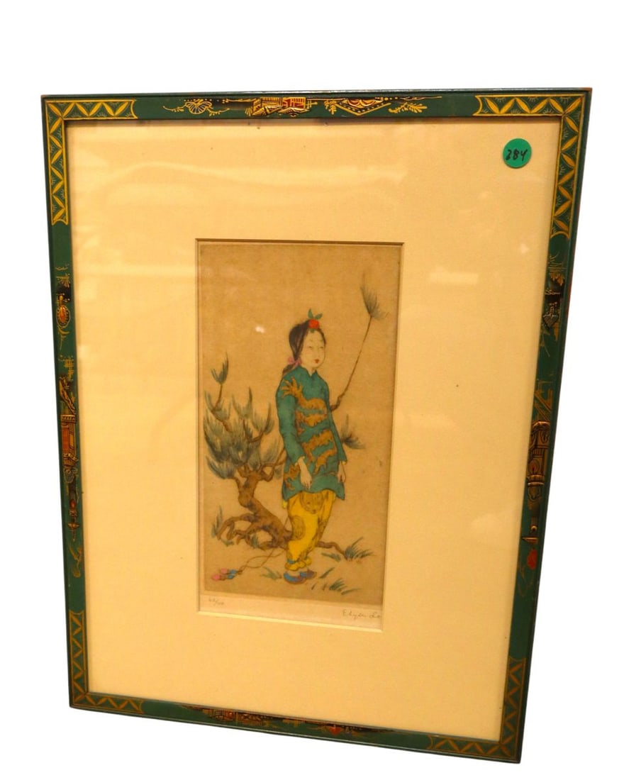 20thC original hand colored etching by British artist Elyse Ashe Lord titled Little Dragon Pine (1 of 4)