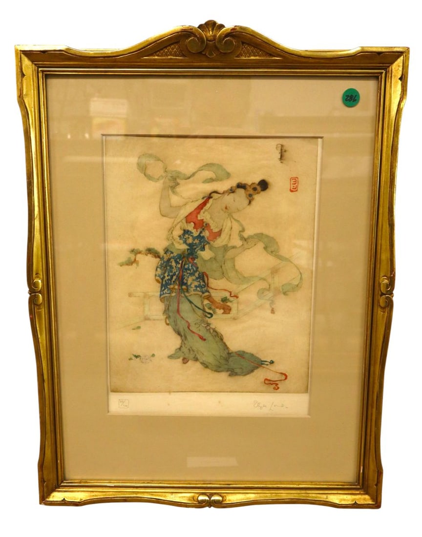 20thC original hand colored etching by British artist Elyse Ashe Lord titled The Dress (1 of 5)