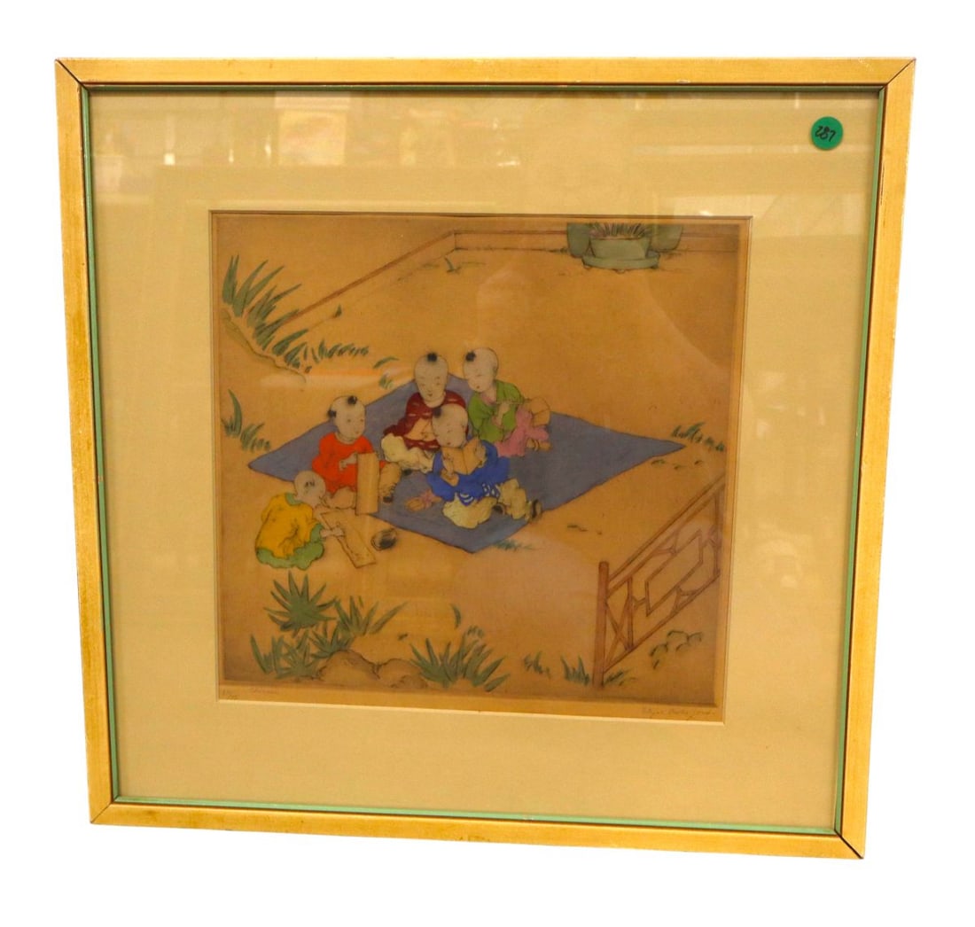 20thC original hand colored etching by British artist Elyse Ashe Lord titled Chinese (1 of 6)