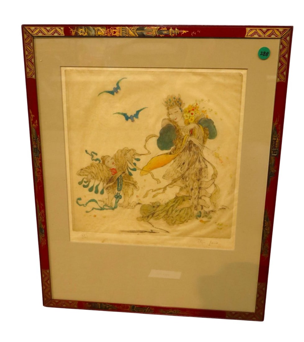 20thC original hand colored etching by British artist Elyse Ashe Lord titled Smiling Woman (1 of 6)