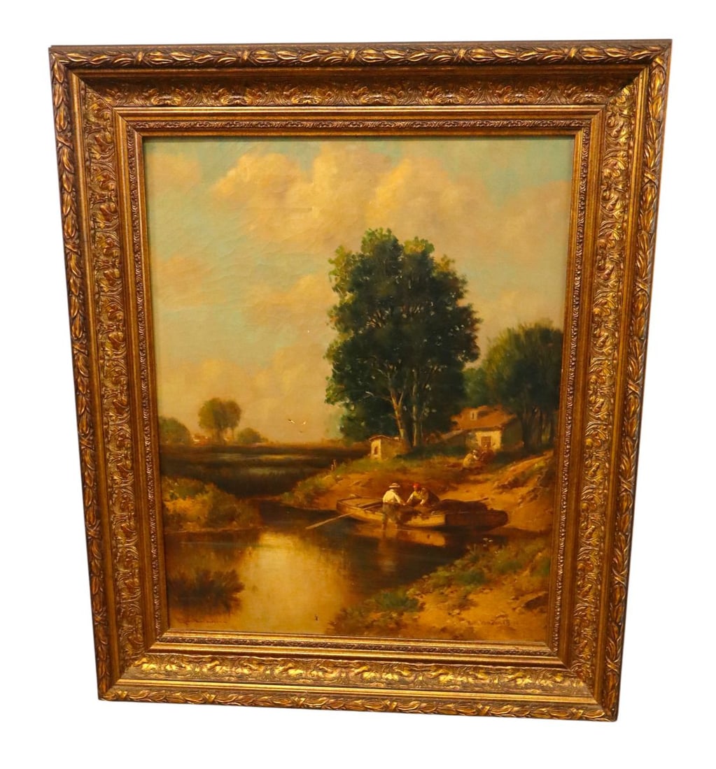 Antique 19thC oil on canvas painting sg R.M. Vanzandte dated 1892: Antique 19th Century oil on canvas painting in carved antique style frame signed R.M. Vanzandte dated 1892, structurally sound and in good condition for age. Footprint: 32.5"h x 27.5"w x 2.75"d. Paint