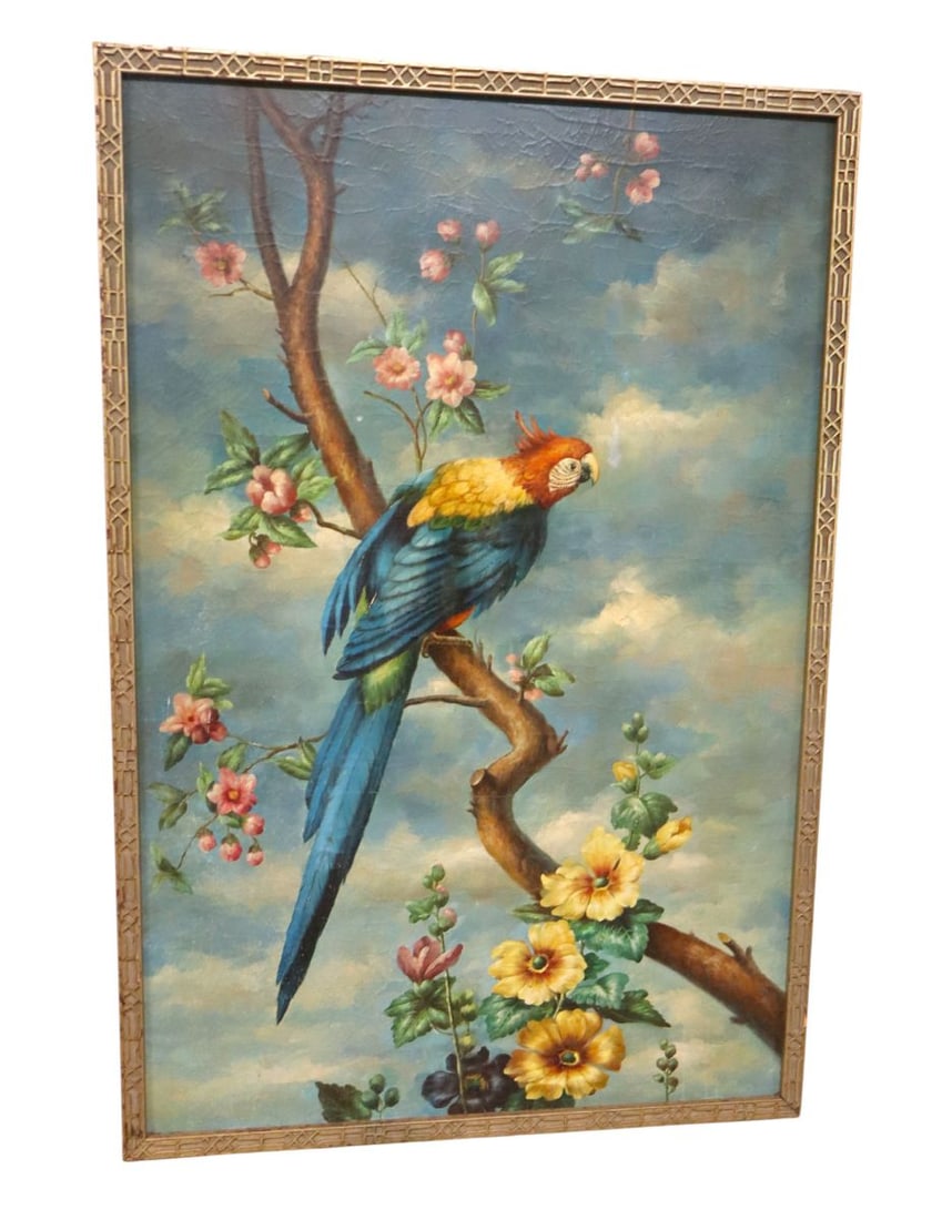 Vintage oil on board of Parrot on Limb: Vintage oil on board of Parrot on Limb, structurally sound and in good condition for age. Footprint: 49.5"h x 33.5"w