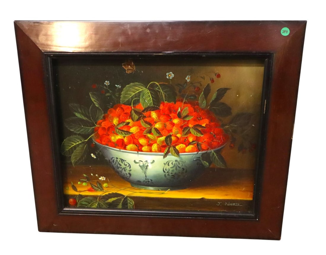 Contemporary still life oil on canvas believe giclee: Contemporary still life oil on canvas believe giclee of Bowl of Strawberries in mahogany finish frame, structurally sound and in good condition for age. 22.5"h x 26.5"w