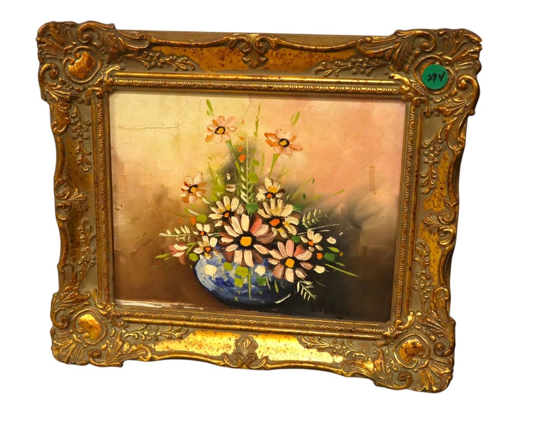 Vintage sg Ciceki oil on board painting of flowers: Vintage signed Ciceki oil on board painting of flowers structurally sound and in good condition for age. Footprint: 11.5"h x 13.5"w